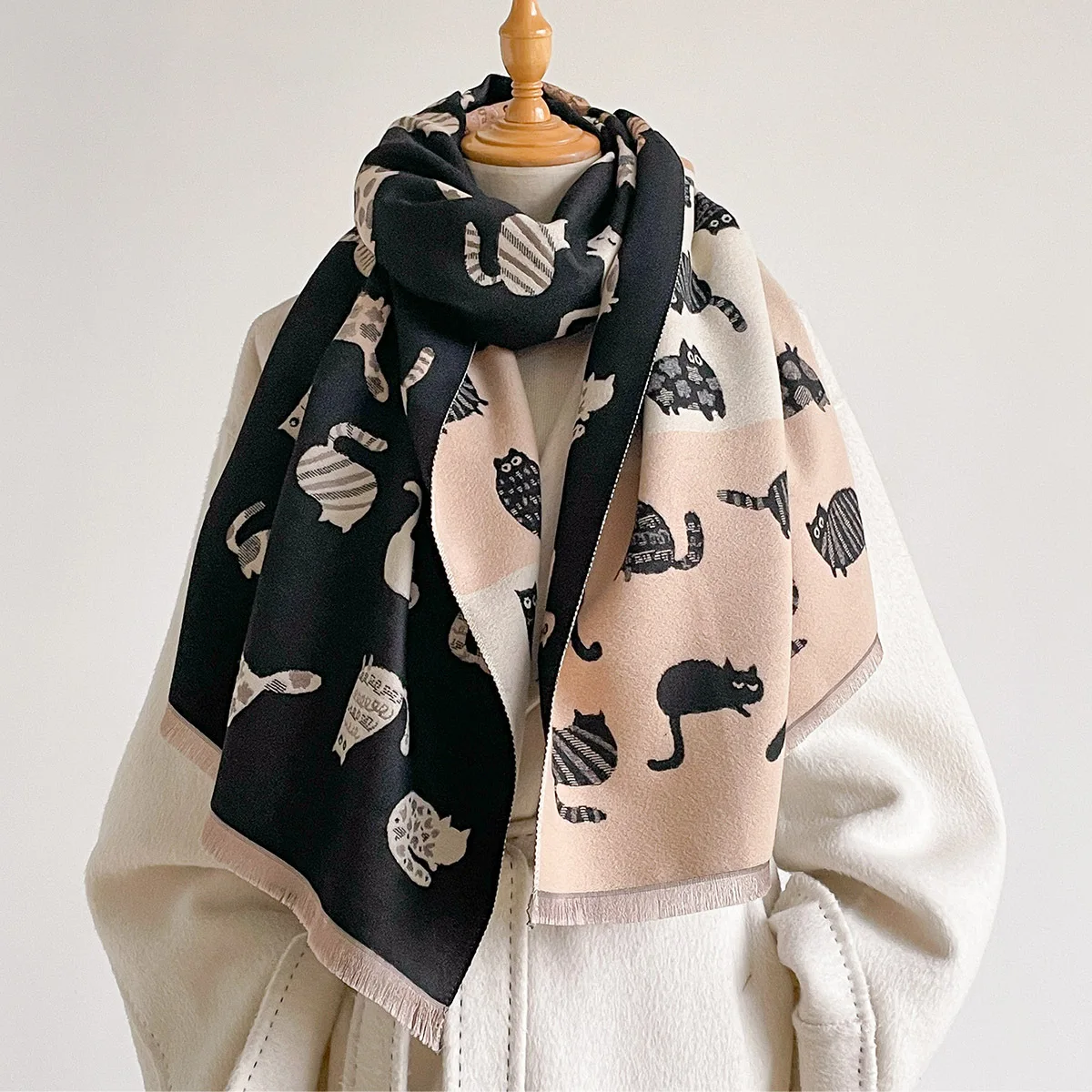 Scarf Women Cat Jacquard Shawl Wrap Double Sided Fall Neck Warmer Ladies Animal Pattern Cape Stole Daily Outdoor Office