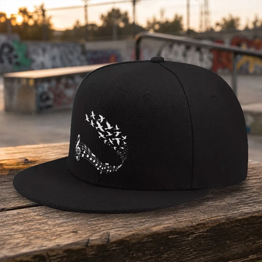 Musical Note Bird Pattern Flat Brim Baseball Cap Unisex Adjustable Casual Outdoor Hat