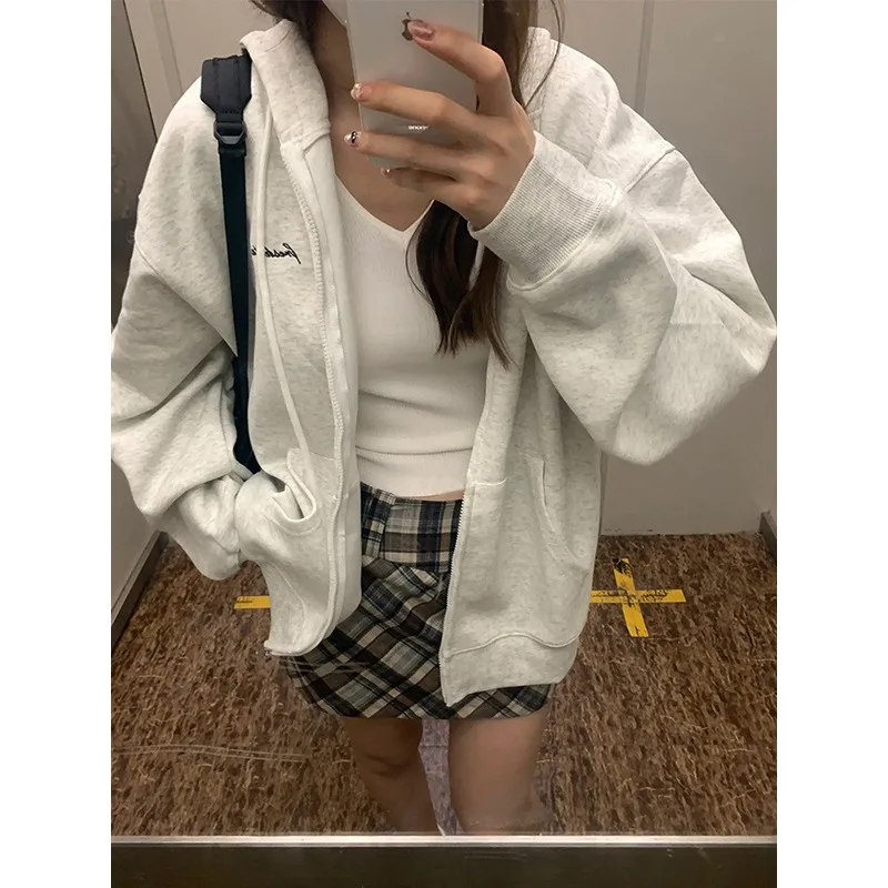 

American Retro Lazy Style Chic Hooded Open Cardigan Sweatshirt Women's Spring Autumn New Oversize Grey Short Jacket