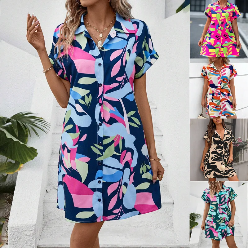 Elegant Women's Sexy Shirt Dress 2024 Summer New Fashion Colorful Flower Print Cardigan Short Sleeve Long Shirt Skirt Y2K