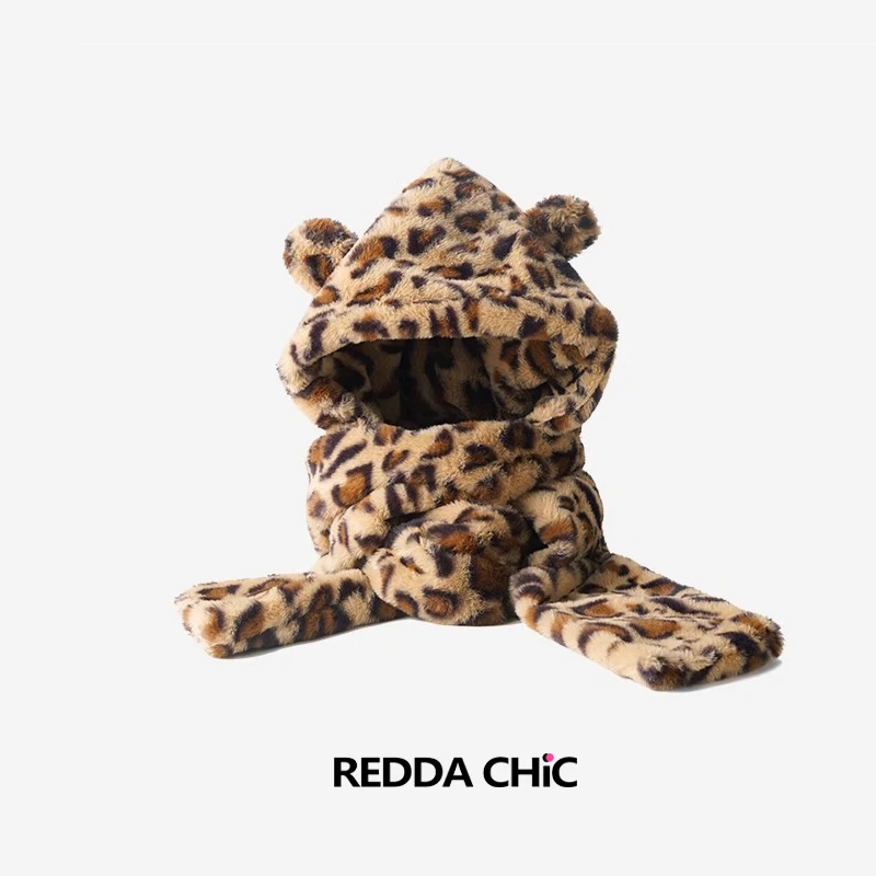 REDDACHiC-Cachecol com capuz estampa leopardo feminino, pelúcia gorro pelúcia do falso, orelhas de urso Balaclava, chapéu retro do inverno, gorro de neve robusto, mulheres, Y2K