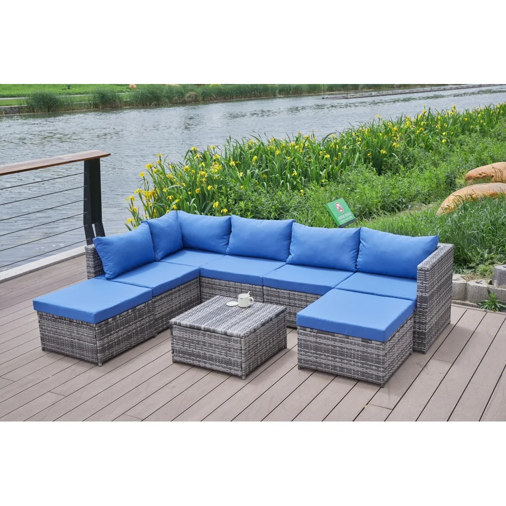 

YQXH Cozy Oasis for Outdoor Living - Modern Bluegrey PE RattanIron Patio Sofa Set with Weather-Resistant Cushions