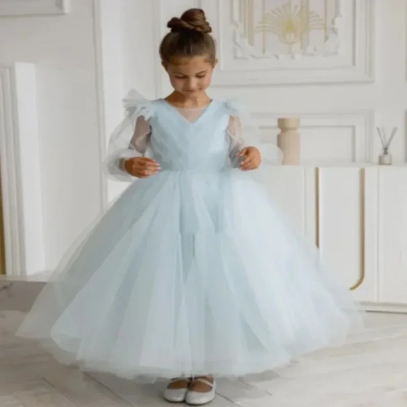 Light Blue Flower Girl Dress V Back Mesh Long Sleeves Princess Baby Girl Birthday Party First Communion Wedding Gown