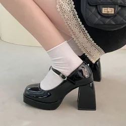 Comem Square Toe Sandals Ladies Fshion Platform Shallow Mouth No-slip Retro Pumps Female 2023 Mary Janes Platform High Heels 40