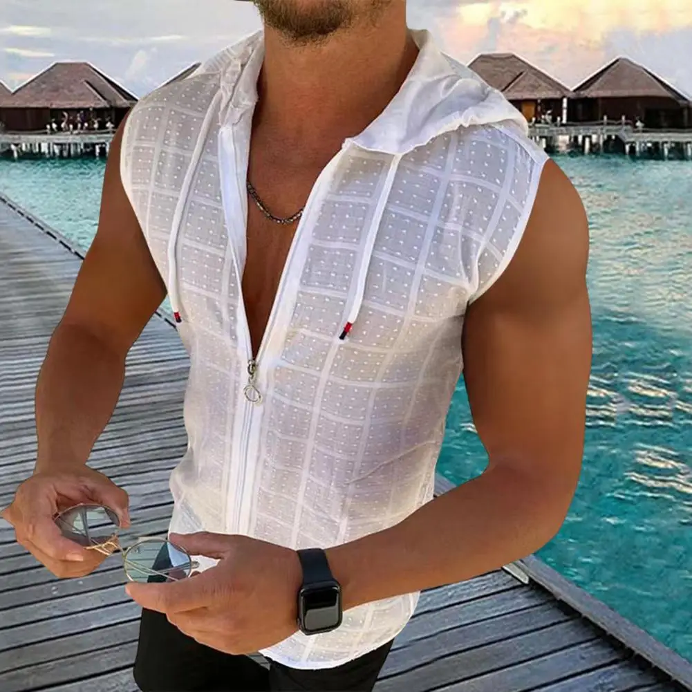 Hoodie Vest Plaid Stitching Zipper Placket Sweatshirt Vest Solid Color Drawstring Men Bodybuilding Hooded Vest Top Streetwear