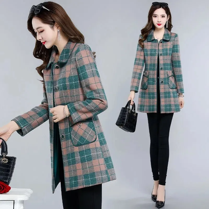 Fashion New Mid Long Women\'s Woolen Coats Spring Autumn Slim Thin Windbreaker Single Breasted Lapel Plaid Casual Jackets Female