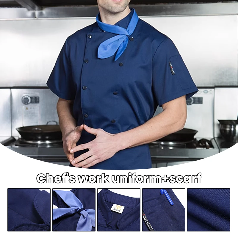 남자 요리사의 작업복 호텔 요리사 코트 주방 작업복 레스토랑 웨이터 셔츠 스카프와 케이터링 베이커리 요리사 유니폼