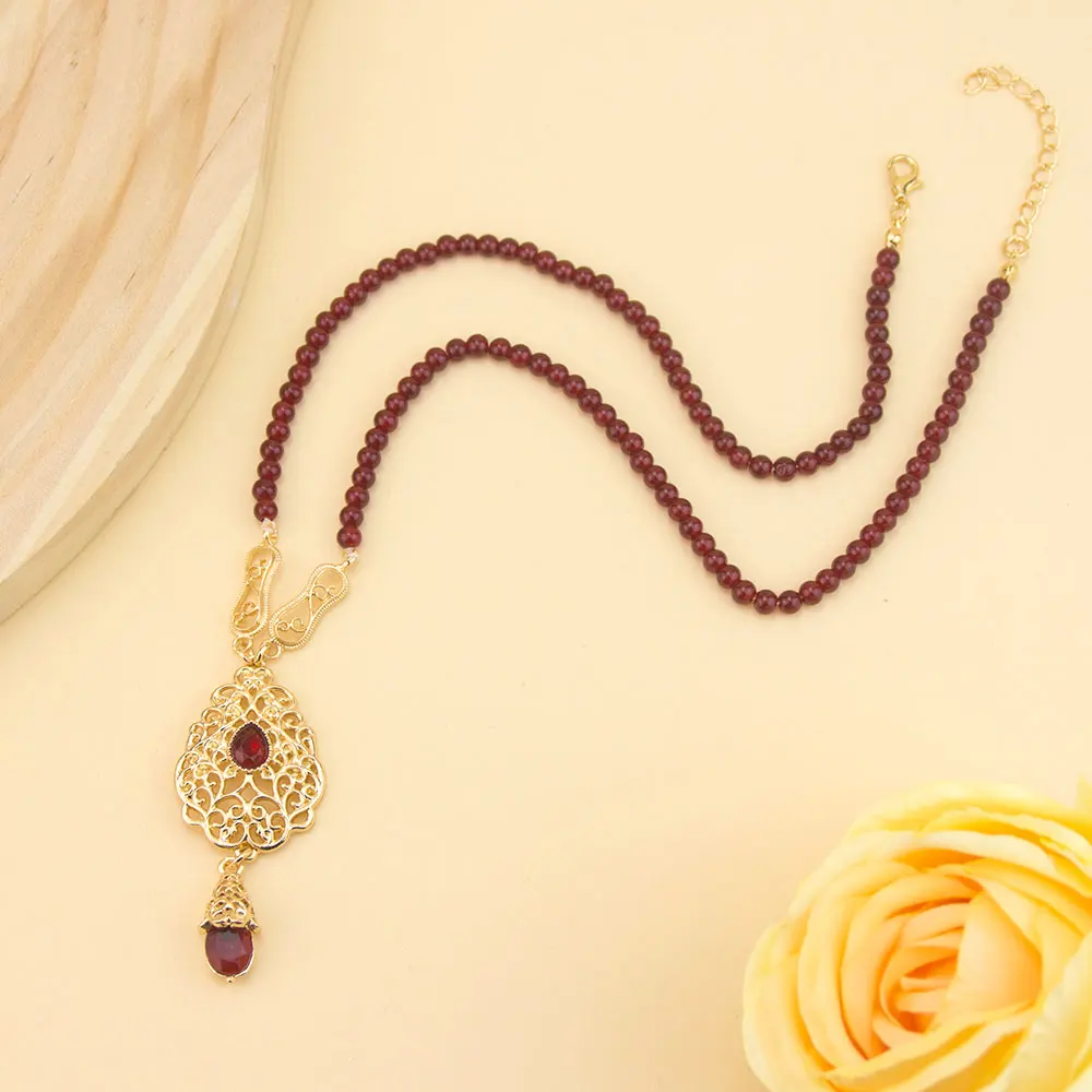 Sunspicems Chic Moroccan Style Gold Color Pendnat Necklace Hand Beads Chain For Women Hollow Arabesque Daily Leisure Jewelry