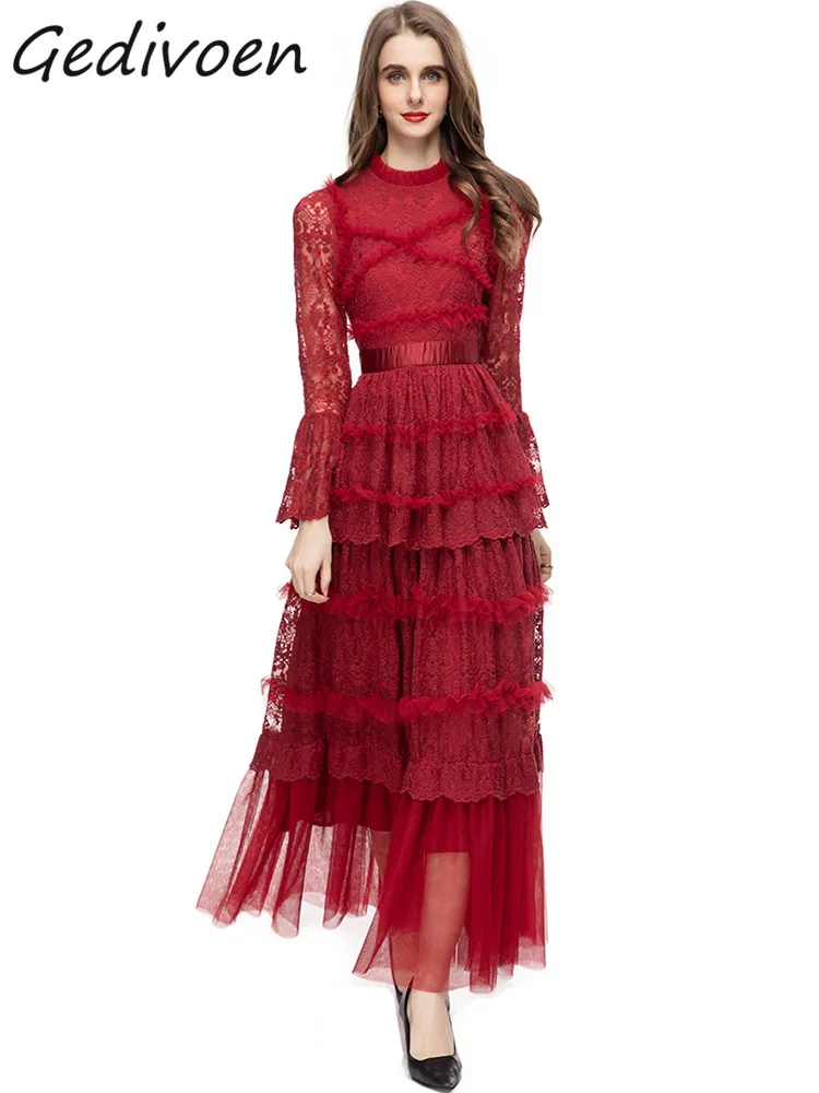 

Gedivoen Summer Fashion Designer Red Vintage Mesh Dress Women Stand Collar Long Sleeve High Waist Embroidery Ruffles Long Dress