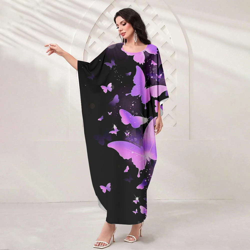 Gold Butterfly Sexy O Neck Batwing Sleeve Long Gown Dress 2024 Summer Classic Casual Dresses Women's Elegant Muslim Dresses