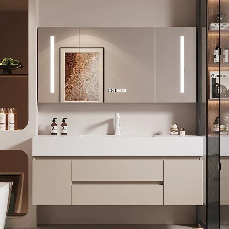 Cream wind bathroom cabinet combination rock slab seamless ceramic integrated basin toilet washbasin