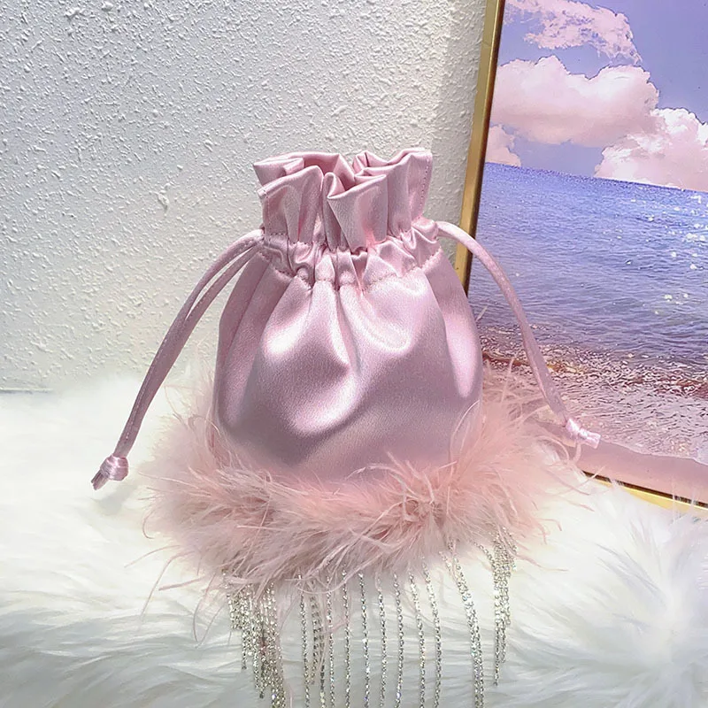 Candy Color Feather Drawstring Bags for Women Rhinestone Tassel Crossbody Bag Satin Fur Shoulder Bag Silk Evening Bags Handbags