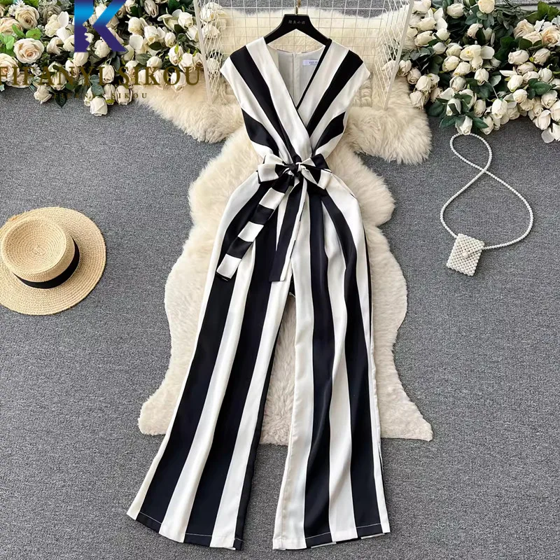 

V-Neck Striped Jumpsuits Women Sleeveless Fashion Lace Up Rompers High Waist Wide Leg Pants 2024 Summer Casual Overalls Female