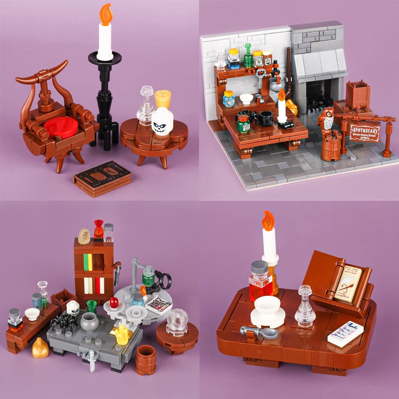 City Street View Witch Magic Building Blocks Spider Owl Bookshelf Bottle Grimoire Skeleton Studio Scene Animal Bricks Kids Toys