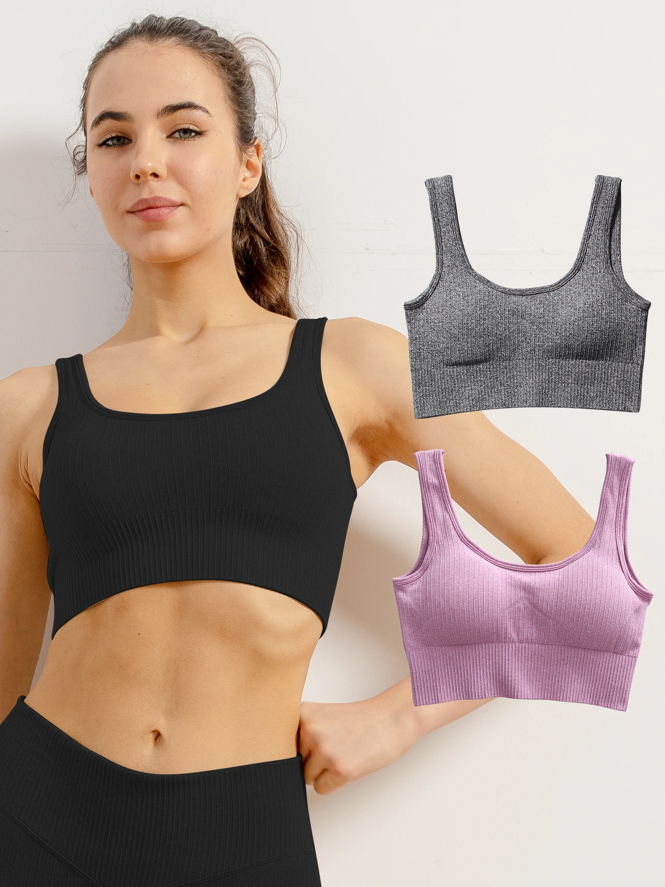 3 قطع من القمصان الرياضية المريحة بدون خياطة - حمالات صدر مضلعة مع وسادات قابلة للإزالة، وأشرطة واسعة، غير سلكية