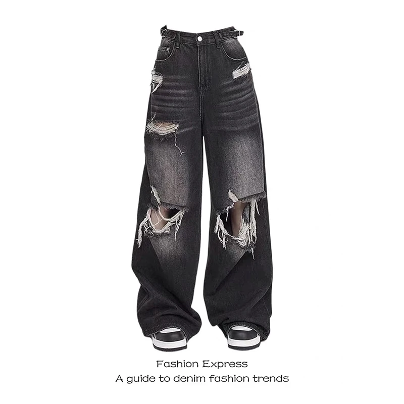 

ZHIZOU Women Black Gothic Baggy Emo Y2k Ripped Jeans American Jean Pants Vintage 2000s Harajuku Oversize Denim Trousers Clothes