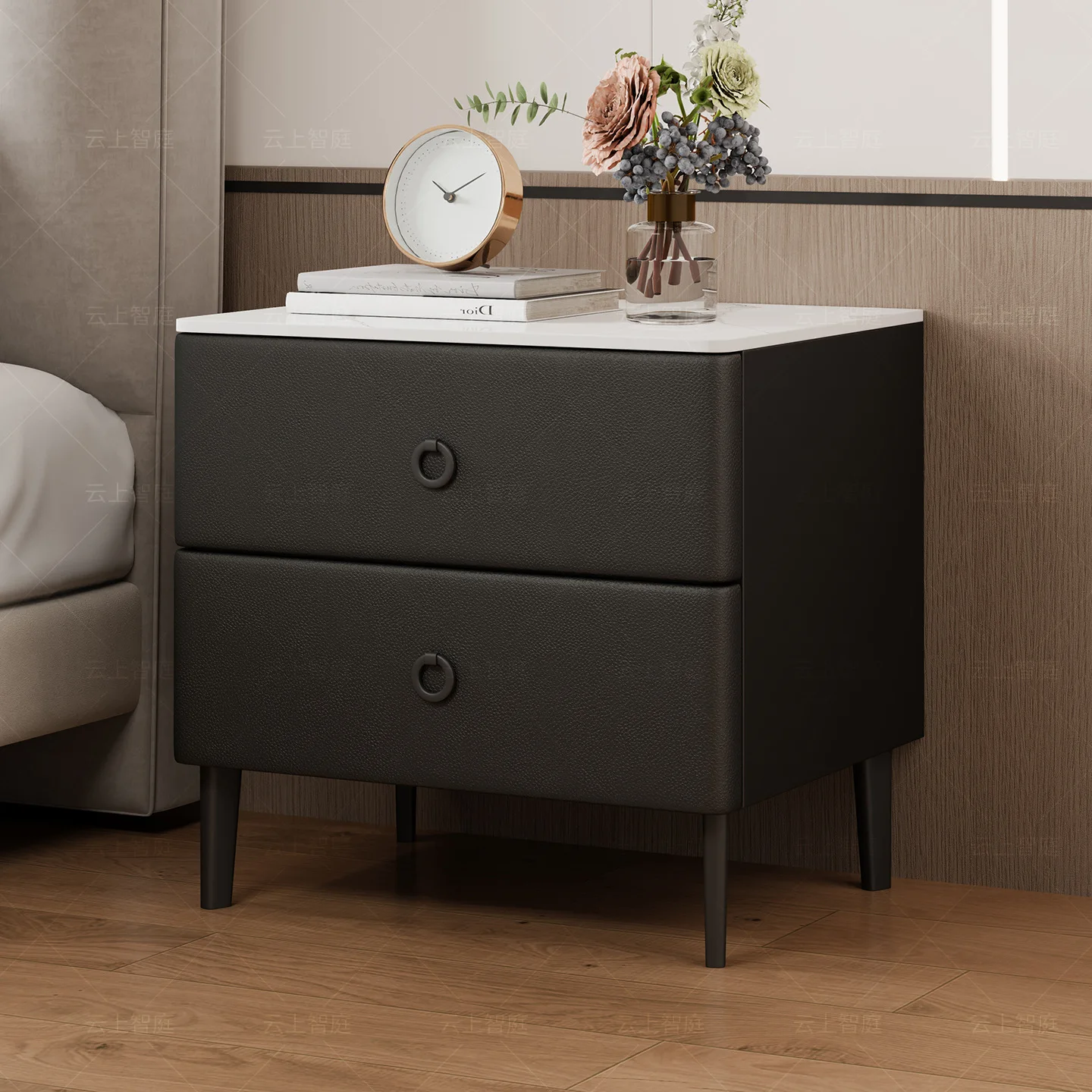 Home Bedroom Apartment Homestay Wood High-end Modern Minimalist Lockable 2 Drawers Small Bedside Storage Cabinet Slate Top