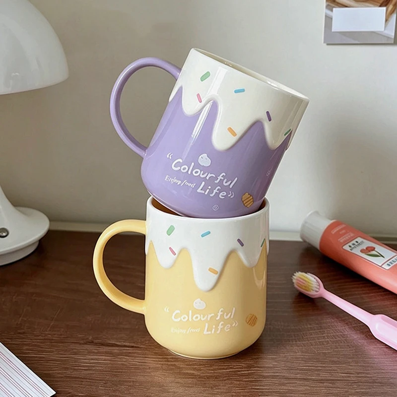 Cute Dripping Ice Cream Plastic Toothbrush Mug 2pcs with Handle Colourful Life Letter Mouthwash Cup Household Bathroom Wash Cup