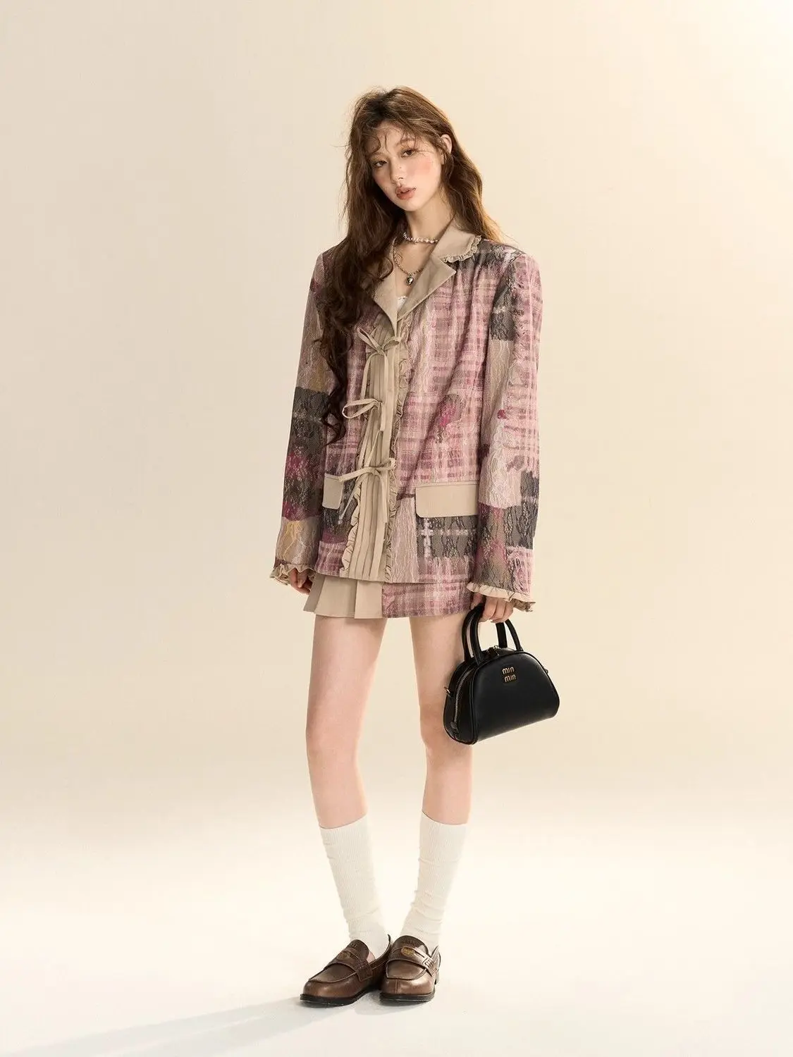 Spring Vintage Preppy Style Loose 2 Pcs Sets Women Suits Bow Tie Ruffled Edges Blazers + Mini Pleated Skirt Women Y2k Suits