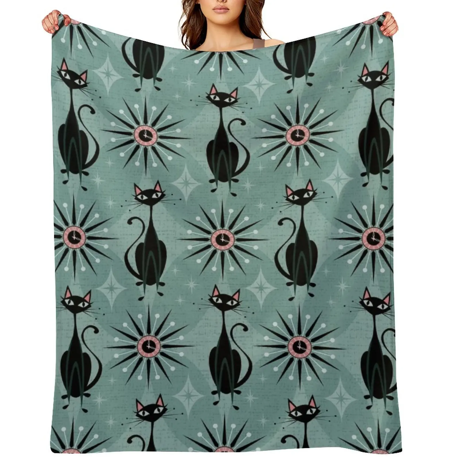 Mid Century Cats and Clocks Throw Blanket Beach Bed covers Travel Giant Sofa Moving Extra Large Throw Blankets