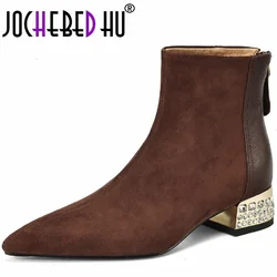 【JOCHEBED HU】New Autumn Winter Sheep Suede Women Boots Fashion Rhinestone Chunky Heels Pointed Toe Knight for Short Boots 34-4