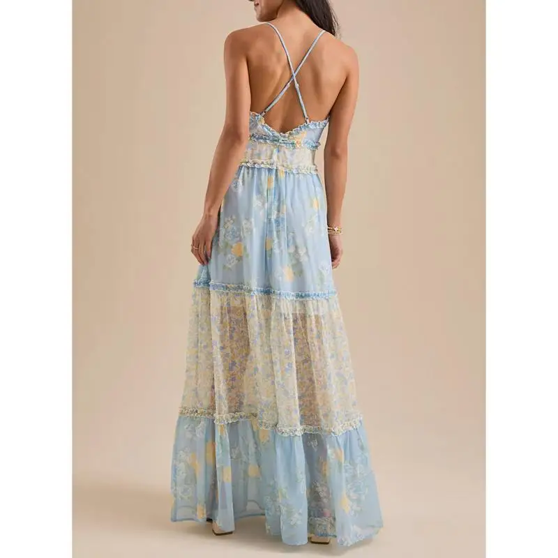 Combhasaki Women Summer Ruffled Frills Trim V-Neck Adjustable Shoulder Straps Backless Cross A-line Floral Long Dress Beachwear