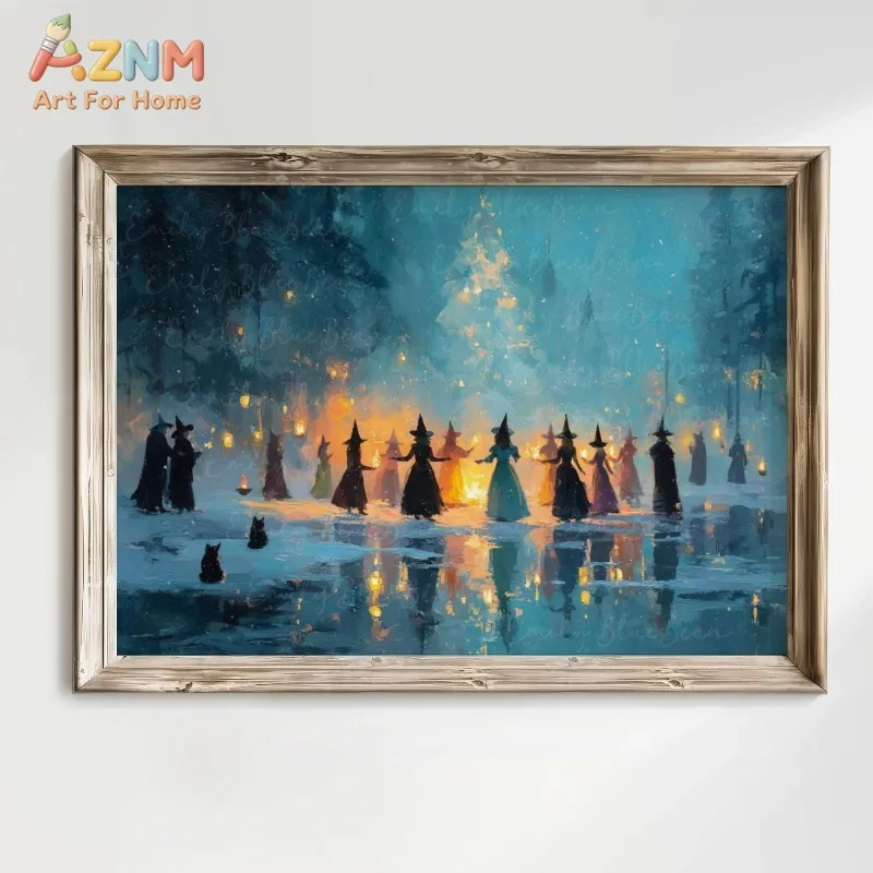 Mystic Winter Witch Gathering Canvas Wall Art Vintage Ice Lake Bonfire Scene Dark Magical Home Wall Print Unframed Canvas Poster