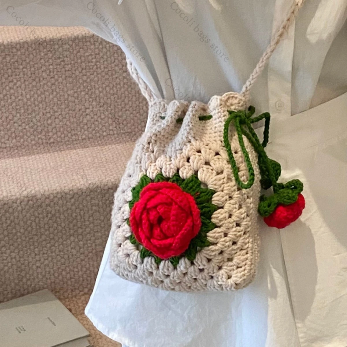 

Милая вязаная сумка, вязаная сумка с розой, женская сумка для телефона, сумка для хранения помады, сумка через плечо, мягкие вязаные сумки для женщин