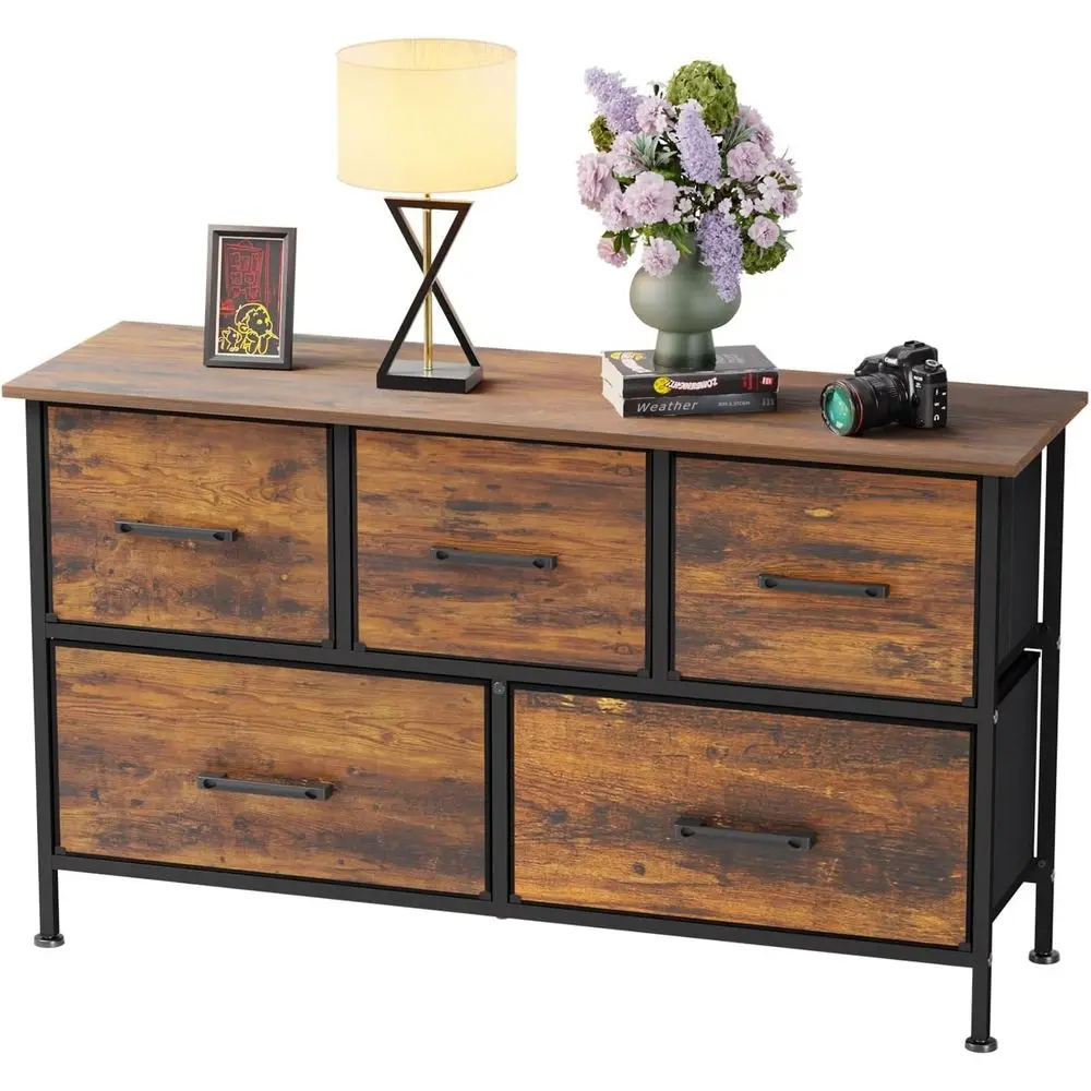 

5 abric Ders Drer or Bedroom,Chest Organizer Units with Steel e and Wooden Top or Bedroom,Closet,Living Room, Entryway,Brown