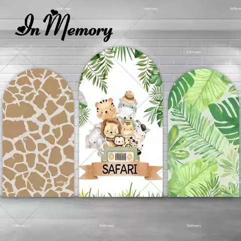 Boys Safari Jungle Birthday Party Arch Backdrop Cover Driving Car Animals Green Leaves Giraffe Print Photography Background