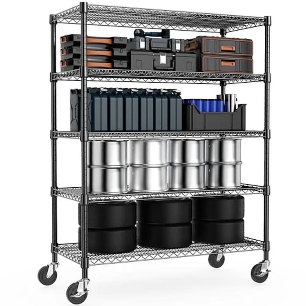 

Industrial Metal Shelving Rack with Adjustable Height and Wheels Heavy Duty Carbon Steel Storage Organizer Garage Basement