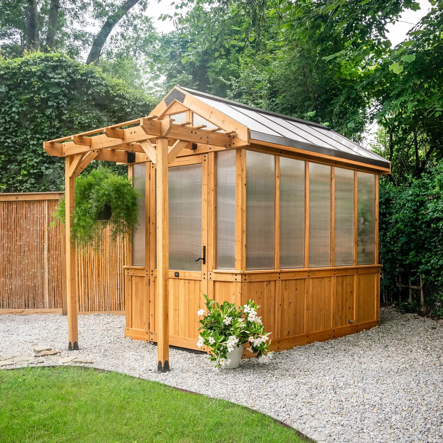 Bellerose 9' x 6' Cedar Wood and Polycarbonate Walk-in Greenhouse Kit with Pergola, Exhaust Fan, Windows, Hose Hook-Ups, PowerPo