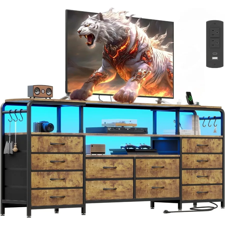 TV Stand for 65 70 Inch TV 63 W Entertainment Center with Power Outlet LED Light Long Dresser with 12 Fabric Drawers for Bedroo