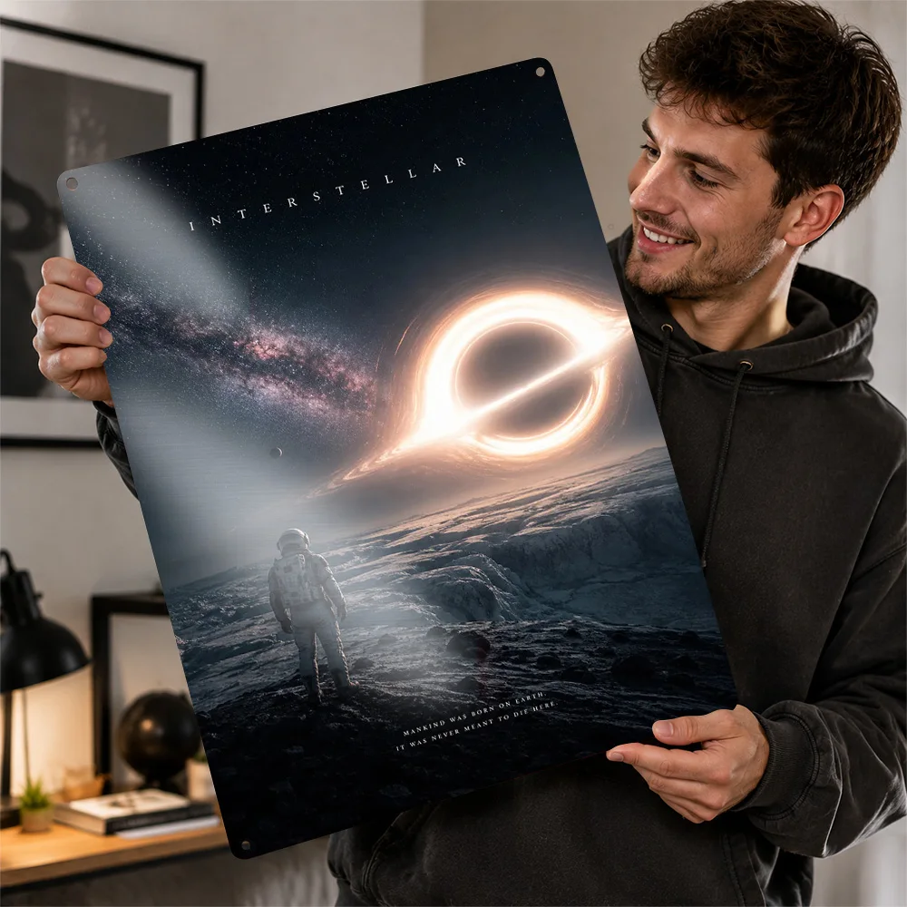 Interstellar Astronaut and Black Hole 3D Texture Printed Poster Custom Vintage Metal Tin Plate Sign for Wall Art Decoration Room