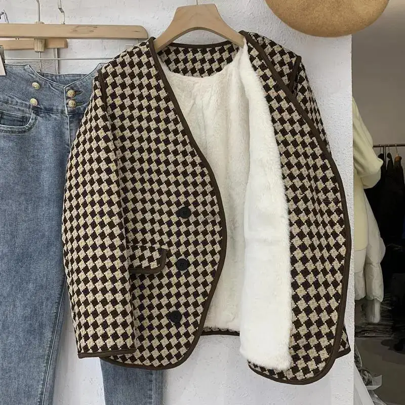 Thousand-Grid-chaqueta acolchada de terciopelo para mujer, abrigo cálido, forro de lana de cordero suelto, abrigo a cuadros, Tops de ropa para mujer 2023