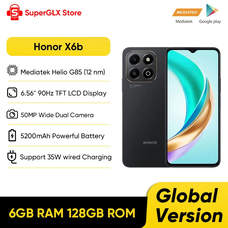 Global Original HONOR X6b 4G Smartphone Mediatek Helio G85 6.56 inches 90Hz TFT LCD Display 50MP Dual Camera 5200mAh Battery