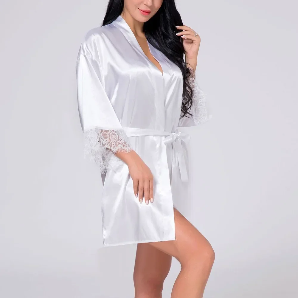 Women Night Gown Robe Lace Bathrobe Halt Sleeve Nightdress Female French Sexy Silky Satin Solid Color Sleepwear With Belt