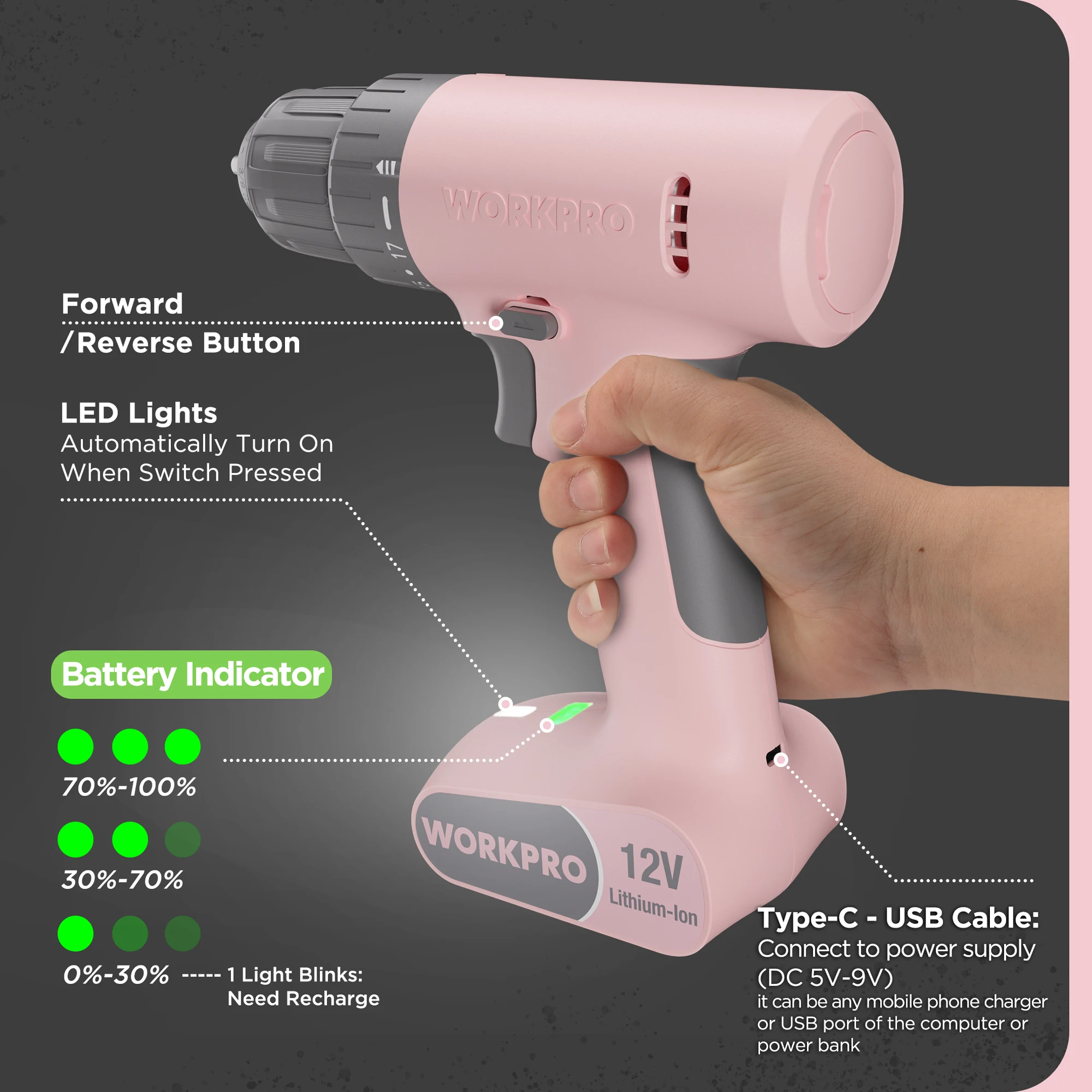 WORKPRO 12V Cordless Drill Driver Set Pink /White 17+1 Gear Torsion Adjustment  Electric Power Drill Tool Kit