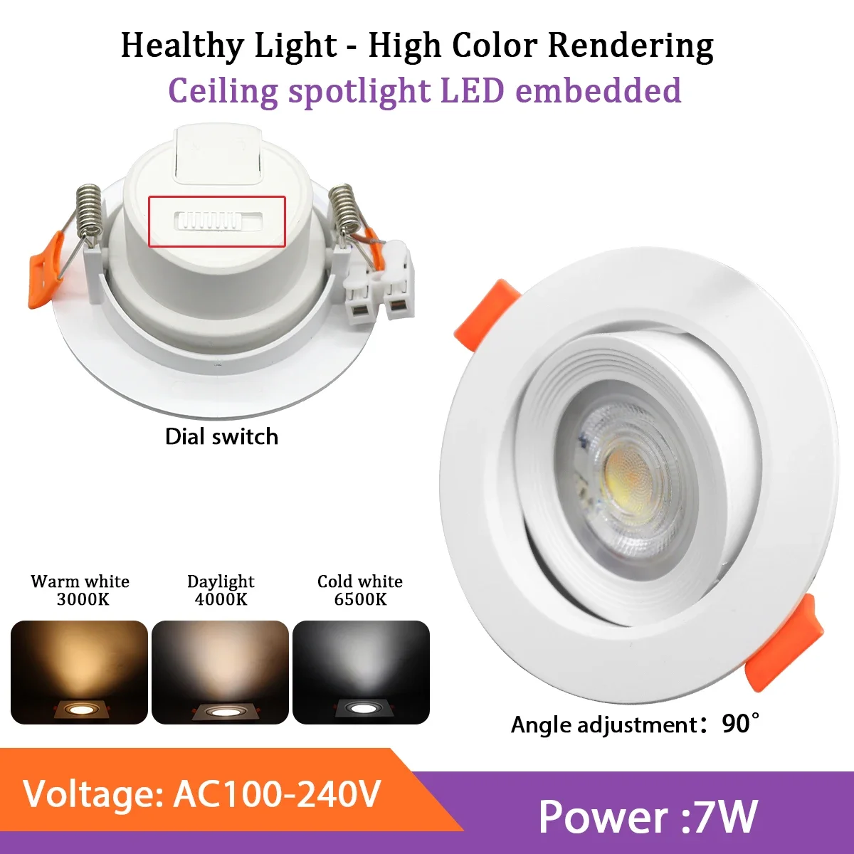 

5pcs LED Tricolor dimming CCT embedded ceiling spotlight AC 220V 110V Adjustable angle Downlight 7W 770lm for home decoration