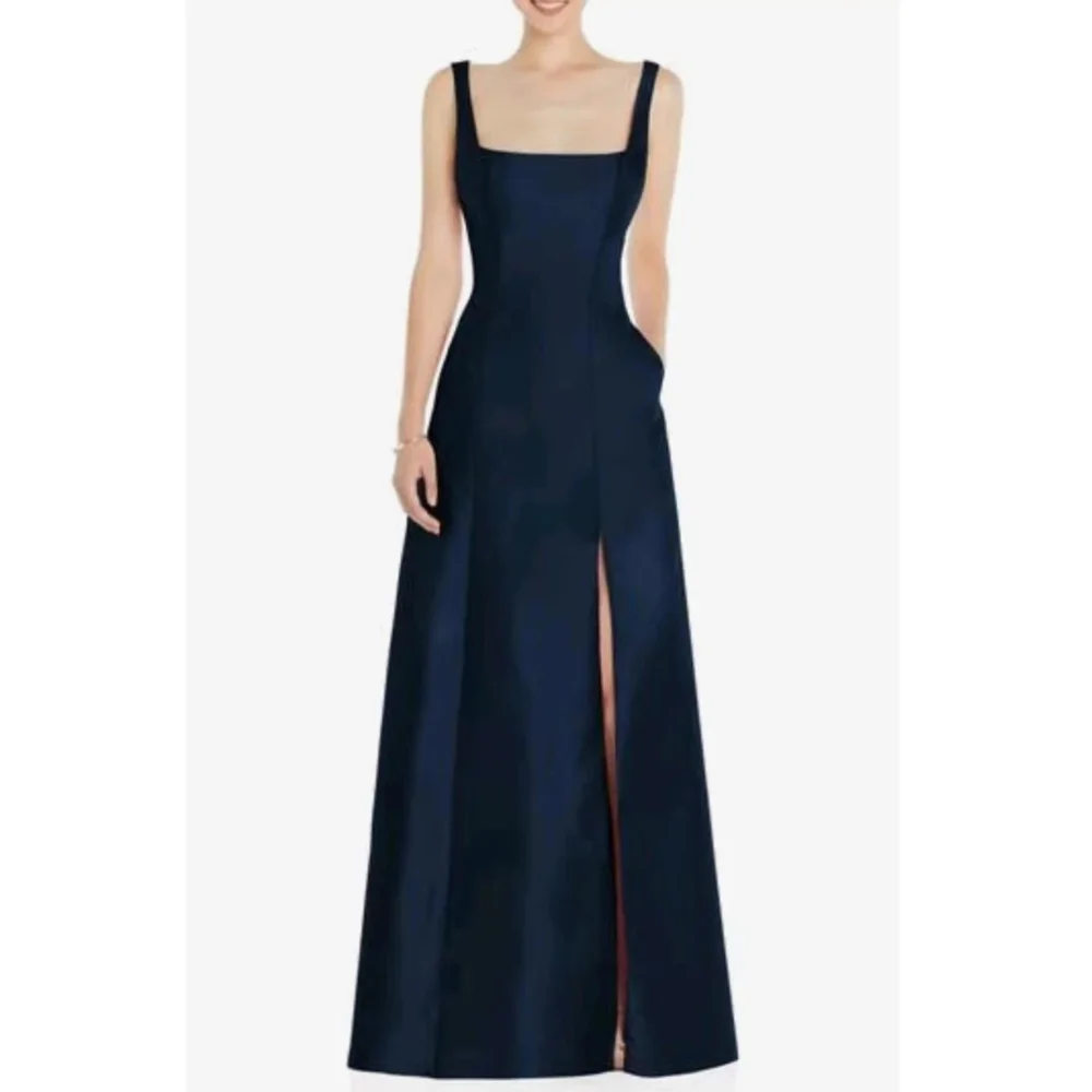 

Simple Long Blue Square Collar Satin Evening Dresses Sleeveless Backless with Slit A Line Floor Length فستان سهره