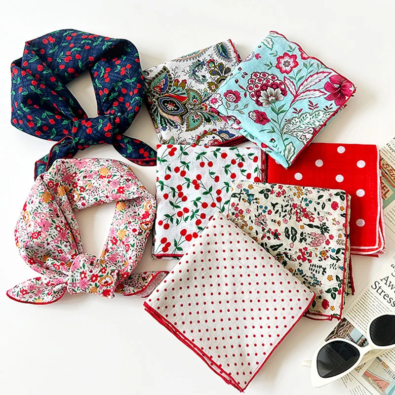 Cotton Small Square Scarf 58 Cm Floral Print Korean Sweet Headband for Women Soft Breathable Lightweight Premium Durable New