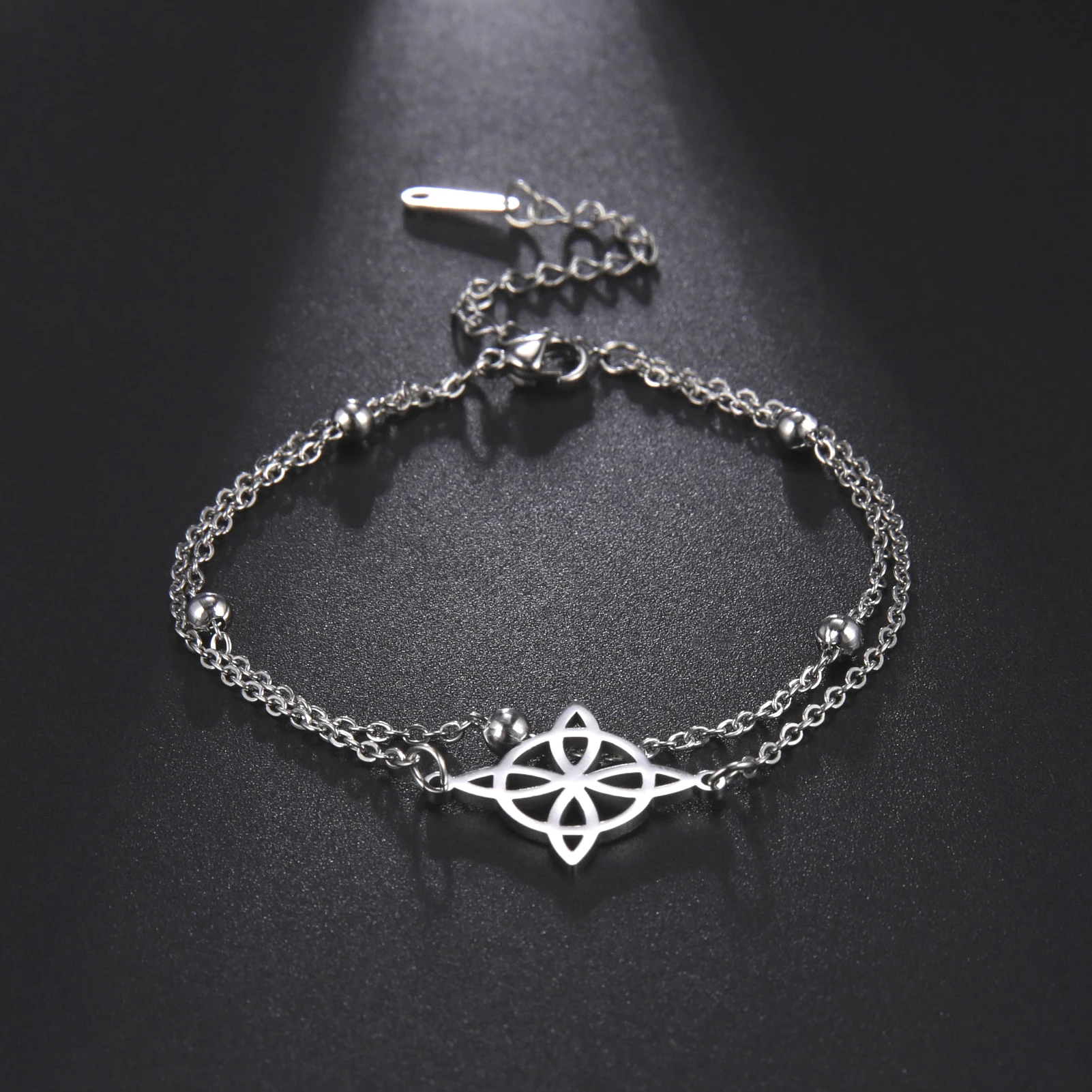 Colgante de nudo de bruja celta geométrica, pulsera de brujería de acero inoxidable, cadena de cuentas de doble capa para mujer, joyería, regalos de amuleto