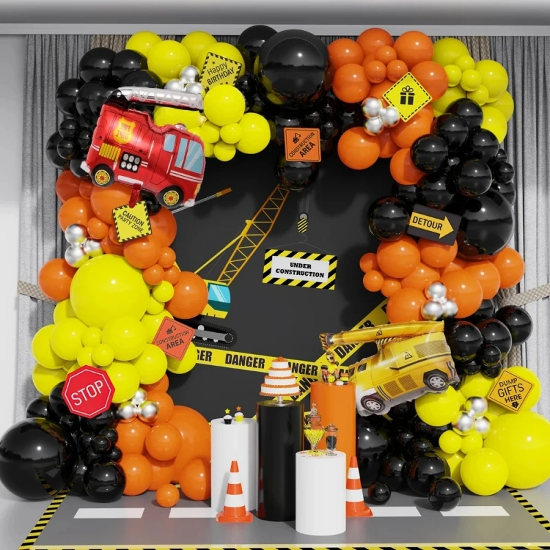 

159Pcs A set of engineering vehicle balloon arch kit,crane fire truck foil balloon boy's birthday baby shower party decoration