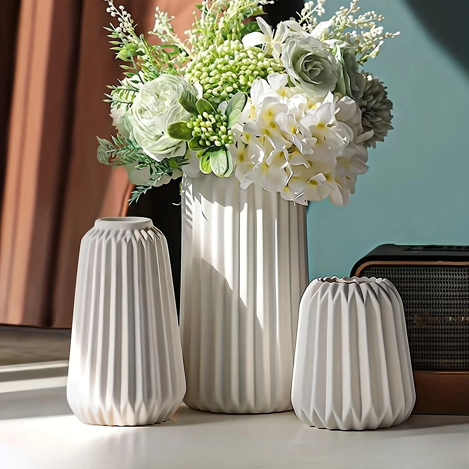 White Ceramic Vase, Vase for Modern Home Decor, Nordic Minimalism Décor,Vertical Stripe Ceramic Vases for Home Décor, B