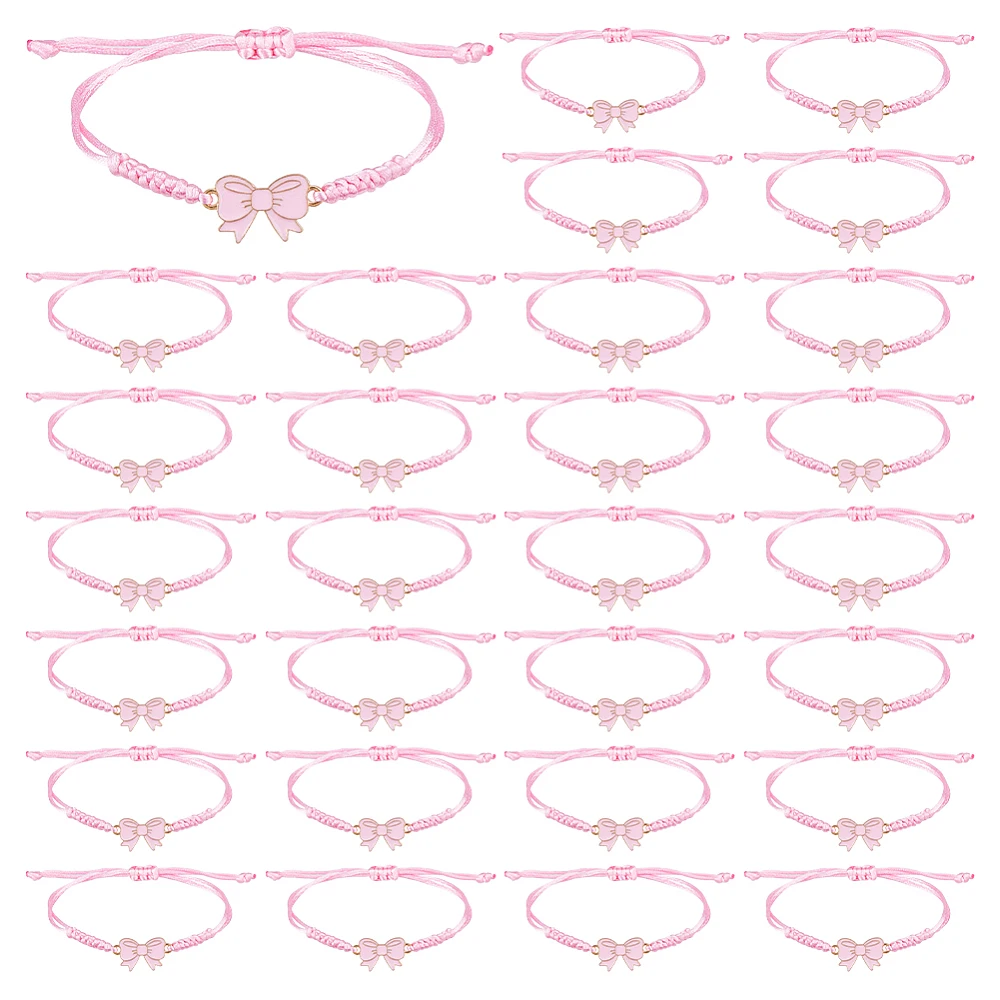 30Pcs Pink Bow Bracelets Bulk Adjustable Alloy Enamel Nylon Cord 5/8-3-1/2 Inch/1.5-9 cm Inner Diameter Cheerleader Friendship