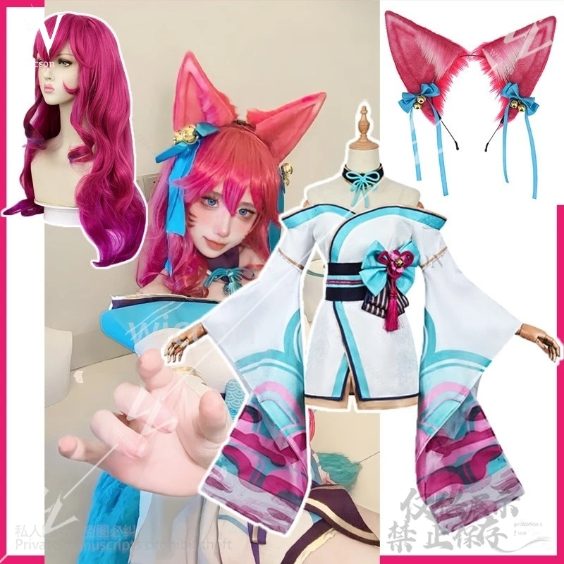 Anime Game LOL Cosplay Ahri The Nine-Tailed Fox Spirit Blossom Costume Sexy Lolita Furry Headwear Wig Halloween Suit Customized