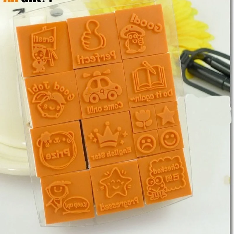 Rubber Cartoon Stamps for Kindergarten Teachers Reward Parents Craft Supplies, English Praise Reward, 15 PCs/Lot