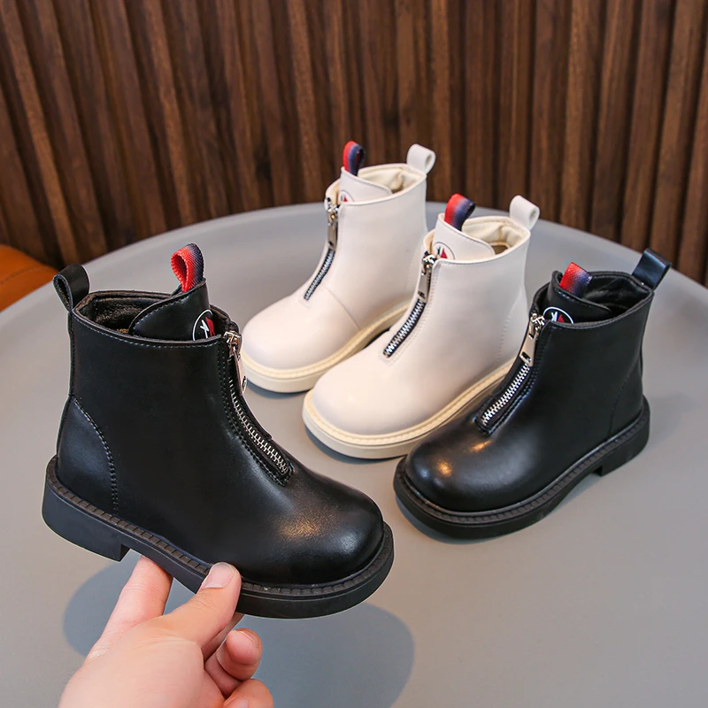 Kids Front Zipper Chelsea Ankle Boots Boys Girls Smooth Leather Non Slip Low Heel Children Casual Fashion Short Boots 26-36