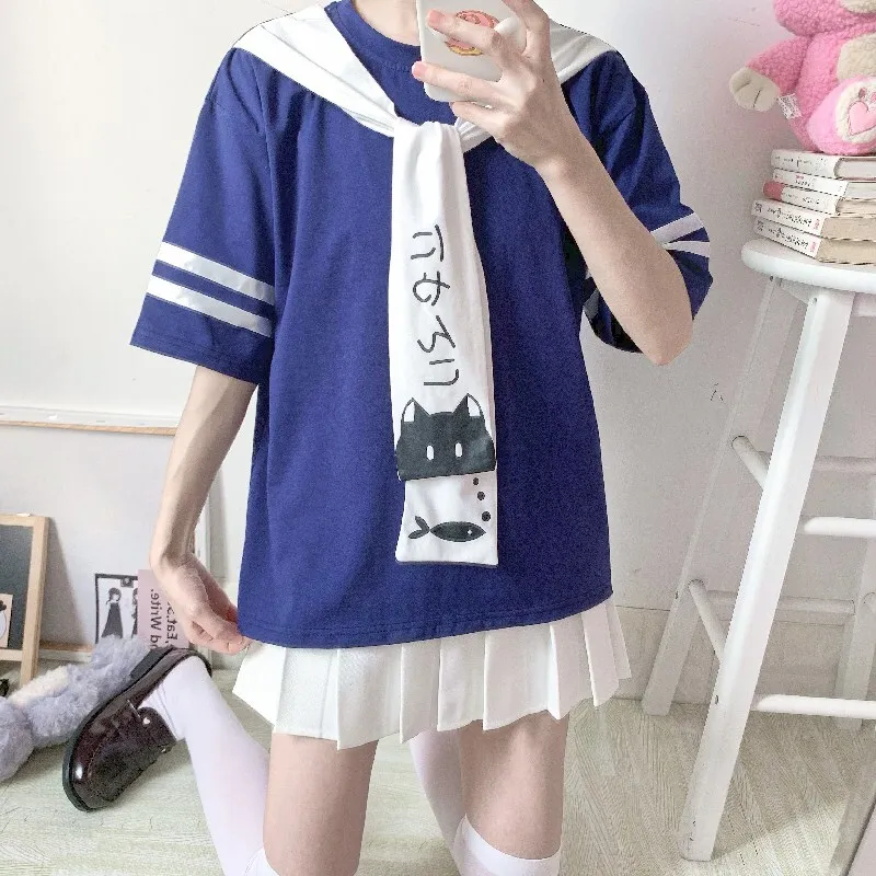 Adolescente harajuku kawaii camiseta topo verão feminino dos desenhos animados gato peixe impressão camiseta manga curta o pescoço falso gravata arco bonito camiseta