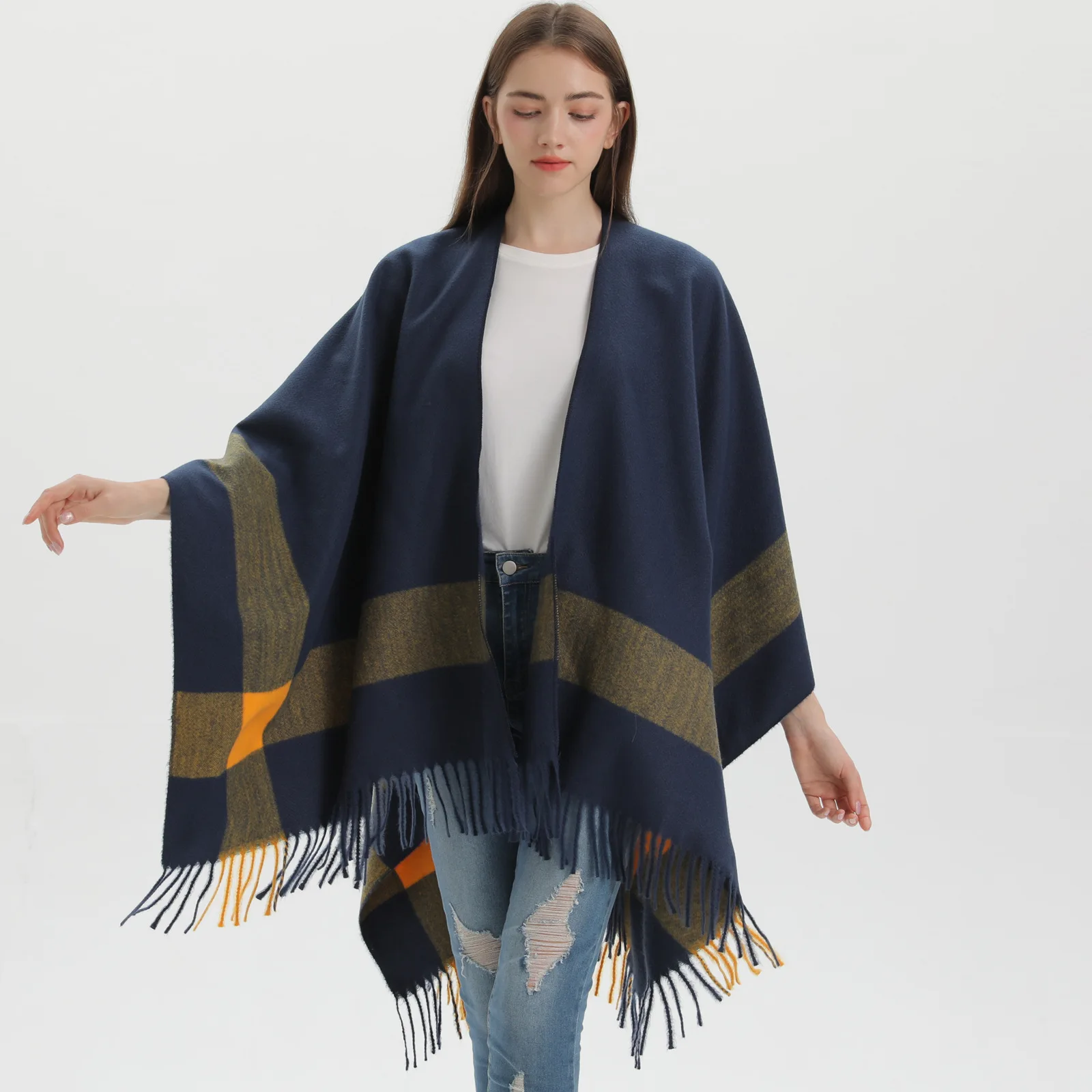 

Poncho Autumn and Winter Women's Knitted Double Sided Large Shawl European American Imitation Cashmere Warm Cloaks Lady Capes N1